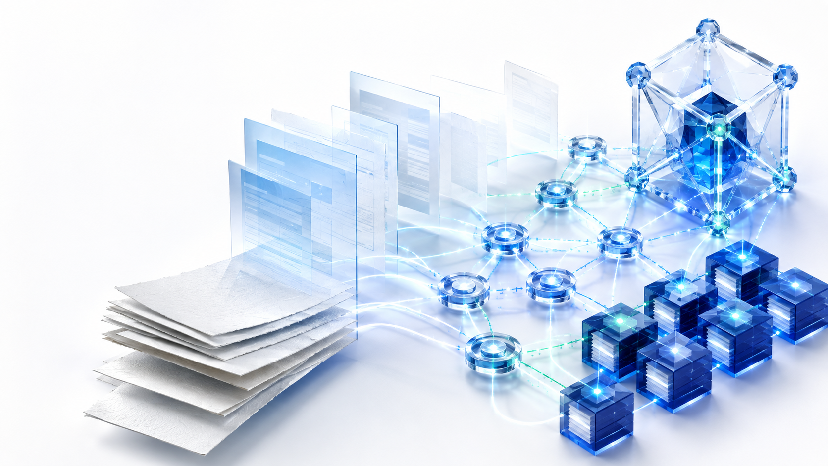 Abstract layers of documents, evidence nodes, ledger blocks, and crystalline encryption geometry